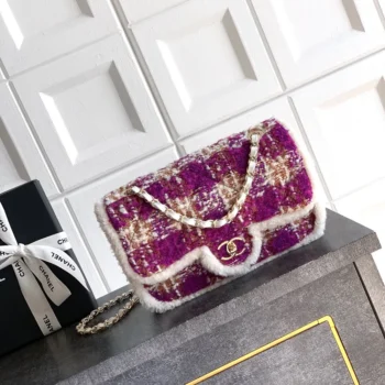 Chanel Women Large Flap Bag Tweed Shearling Lambskin Gold Tone Metal-Green