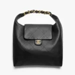 Chanel Women Maxi Hobo Bag Shiny Calfskin Gold-Tone Metal-Black AS5839