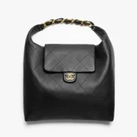 Chanel Women Maxi Hobo Bag Shiny Calfskin Gold-Tone Metal-Black AS5839