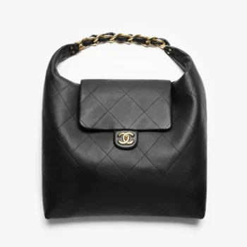 Chanel Women Maxi Hobo Bag Shiny Calfskin Gold-Tone Metal-Black AS5839