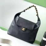 Chanel Women Maxi Hobo Bag Shiny Calfskin Gold-Tone Metal-Black AS5839