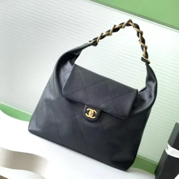 Chanel Women Maxi Hobo Bag Shiny Calfskin Gold-Tone Metal-Black AS5839