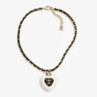 Chanel Women Necklace Metal Resin Calfskin & Strass Gold Pearly White Black & Crystal