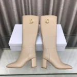 Dior Women Logo Knee-High Boot In Light Beige Calfskin with Gold-Tone Accents