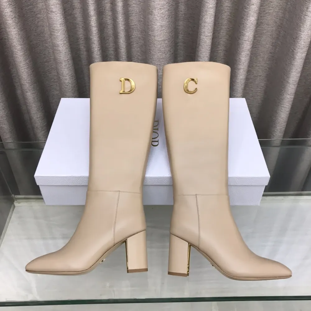Dior Women Logo Knee-High Boot In Light Beige Calfskin with Gold-Tone Accents (1) Dior Women Logo Knee-High Boot In Light Beige Calfskin with Gold-Tone Accents