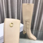 Dior Women Logo Knee-High Boot In Light Beige Calfskin with Gold-Tone Accents