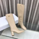 Dior Women Logo Knee-High Boot In Light Beige Calfskin with Gold-Tone Accents
