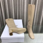 Dior Women Logo Knee-High Boot In Light Beige Calfskin with Gold-Tone Accents