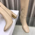 Dior Women Logo Knee-High Boot In Light Beige Calfskin with Gold-Tone Accents