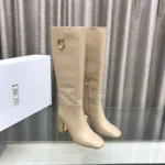 Dior Women Logo Knee-High Boot In Light Beige Calfskin with Gold-Tone Accents