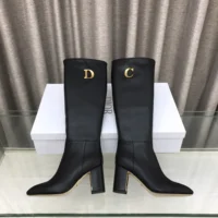 Dior Women Logo Knee-High Boot in Black Calfskin with Gold-Tone Accents