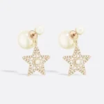 Dior Women Tribales Earrings Pale Gold-Finish Metal White Resin Pearls and Silver-Tone Crystals