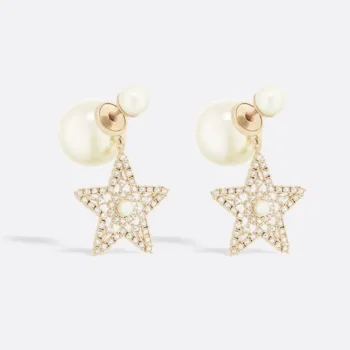 Dior Women Tribales Earrings Pale Gold-Finish Metal White Resin Pearls and Silver-Tone Crystals