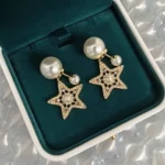 Dior Women Tribales Earrings Pale Gold-Finish Metal White Resin Pearls and Silver-Tone Crystals