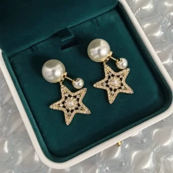 Dior Women Tribales Earrings Pale Gold-Finish Metal White Resin Pearls and Silver-Tone Crystals