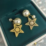 Dior Women Tribales Earrings Pale Gold-Finish Metal White Resin Pearls and Silver-Tone Crystals