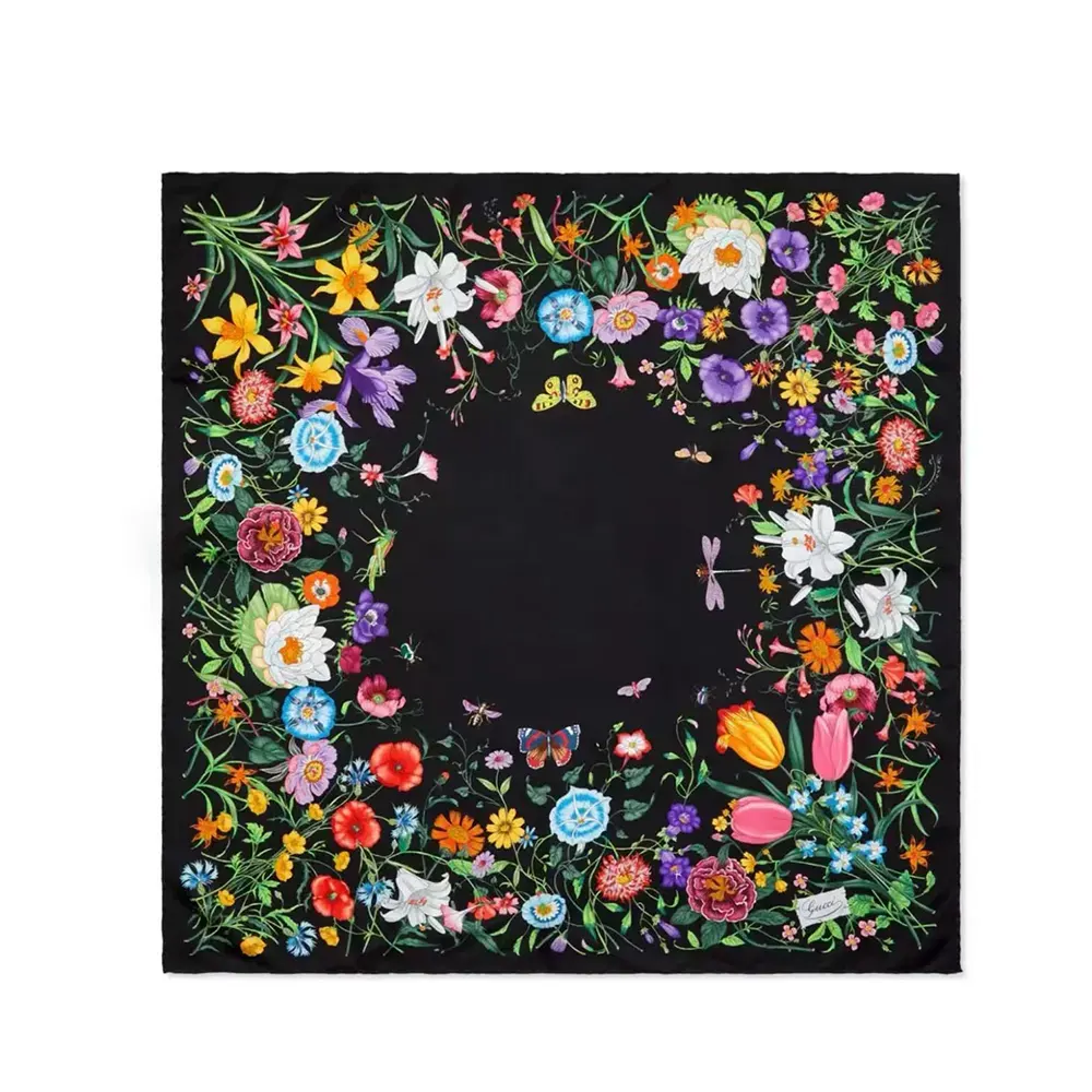 Gucci Women GG Flora Print Silk Carré Multicolor Black Twill (1) Gucci Women GG Flora Print Silk Carré Multicolor Black Twill