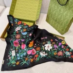 Gucci Women GG Flora Print Silk Carré Multicolor Black Twill