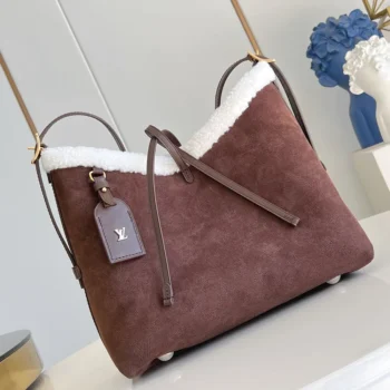 Louis Vuitton LV Women CarryAll PM Suede Calfskin Leather and Shearling-Chocolate
