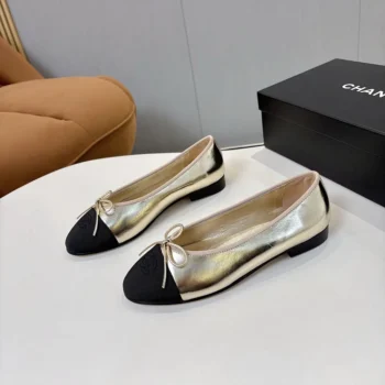 Chanel Women Ballet Flats Laminated Lambskin & Grosgrain-Light Gold G02819