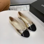 Chanel Women Ballet Flats Laminated Lambskin & Grosgrain-Light Gold G02819