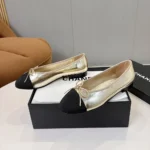 Chanel Women Ballet Flats Laminated Lambskin & Grosgrain-Light Gold G02819