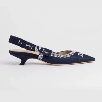 Chanel Women J'Adior Slingback Pump Blue Dior Oblique Embroidered Cotton and White Lace