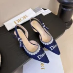 Dior Women J'Adior Slingback Pump Blue Dior Oblique Embroidered Cotton and White Lace