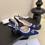 Dior Women J'Adior Slingback Pump Blue Dior Oblique Embroidered Cotton and White Lace