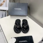 Chanel Women Lambskin Quilted Padded Charms Thong Sandals-Black