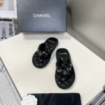 Chanel Women Lambskin Quilted Padded Charms Thong Sandals-Black