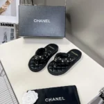 Chanel Women Lambskin Quilted Padded Charms Thong Sandals-Black