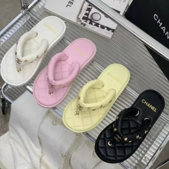 Chanel Women Lambskin Quilted Padded Charms Thong Sandals-Pink