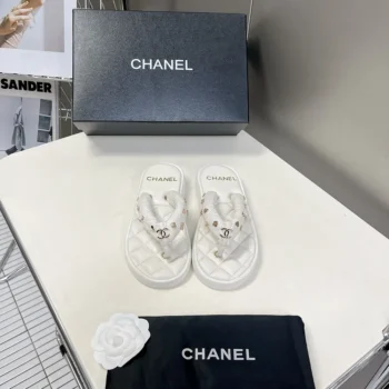 Chanel Women Lambskin Quilted Padded Charms Thong Sandals-White