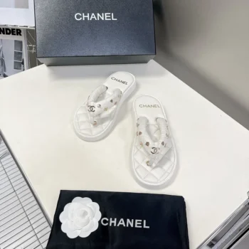 Chanel Women Lambskin Quilted Padded Charms Thong Sandals-White