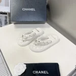 Chanel Women Lambskin Quilted Padded Charms Thong Sandals-White