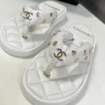 Chanel Women Lambskin Quilted Padded Charms Thong Sandals-White