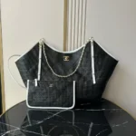 Chanel Women Maxi Shopping Bag Braided Raffia Calfskin & Gold-Tone Metal-Black