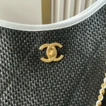 Chanel Women Maxi Shopping Bag Braided Raffia Calfskin & Gold-Tone Metal-Black