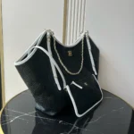 Chanel Women Maxi Shopping Bag Braided Raffia Calfskin & Gold-Tone Metal-Black