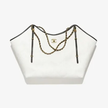 Chanel Women Maxi Shopping Bag Braided Raffia Calfskin & Gold-Tone Metal-White