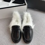 Chanel Women Moccasins Shiny Crumpled Lambskin & Shearling Lambskin-Black G46534