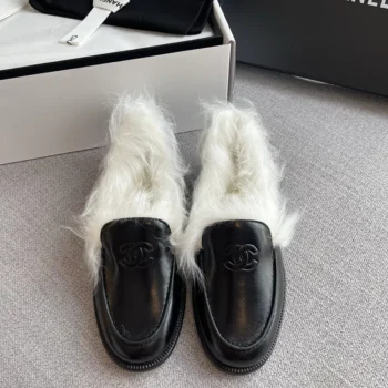 Chanel Women Moccasins Shiny Crumpled Lambskin & Shearling Lambskin-Black G46534
