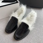 Chanel Women Moccasins Shiny Crumpled Lambskin & Shearling Lambskin-Black G46534