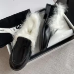 Chanel Women Moccasins Shiny Crumpled Lambskin & Shearling Lambskin-Black G46534