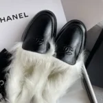 Chanel Women Moccasins Shiny Crumpled Lambskin & Shearling Lambskin-Black G46534