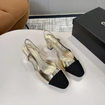 Chanel Women Slingbacks Laminated Lambskin & Grosgrain-Light Gold G31318