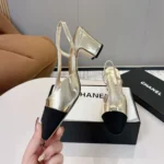 Chanel Women Slingbacks Laminated Lambskin & Grosgrain-Light Gold G31318