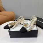 Chanel Women Slingbacks Laminated Lambskin & Grosgrain-Light Gold G31318