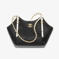 Chanel Women Small Shopping Bag Braided Raffia Calfskin & Gold-Tone Metal-Black